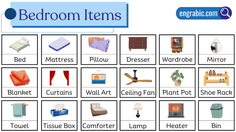 Picture dictionary of bedroom essentials for easy word recall
