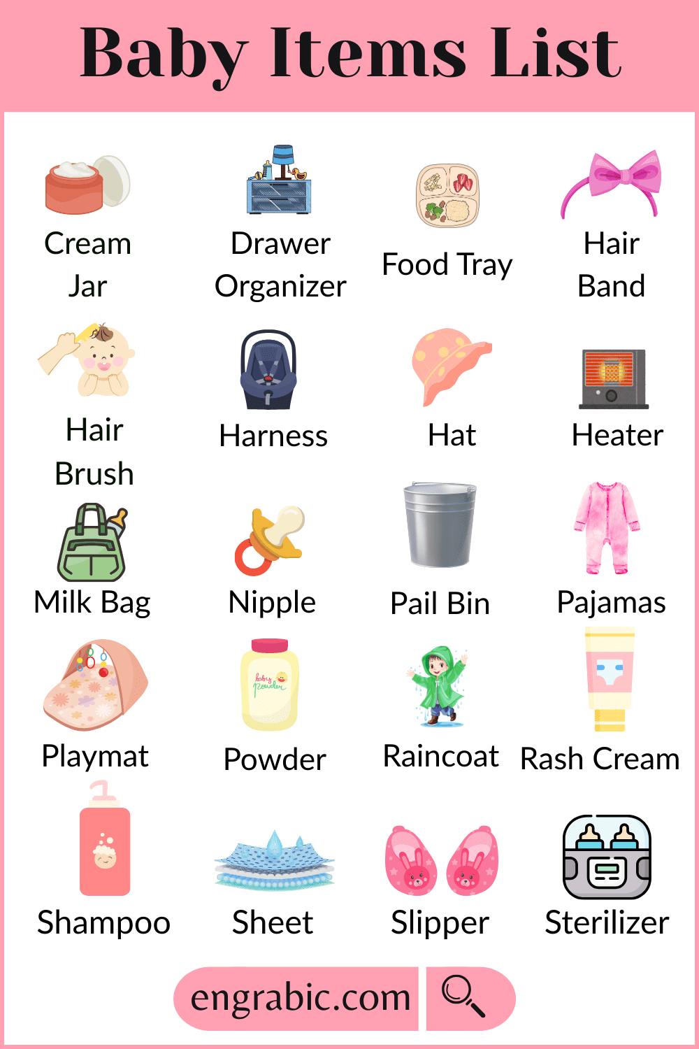 Baby accessories picture chart to improve vocabulary and word recall for beginners