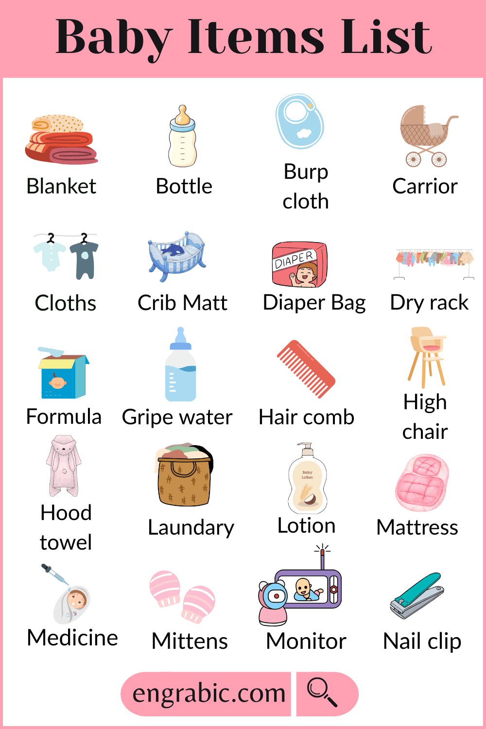 Baby items vocabulary chart with pictures