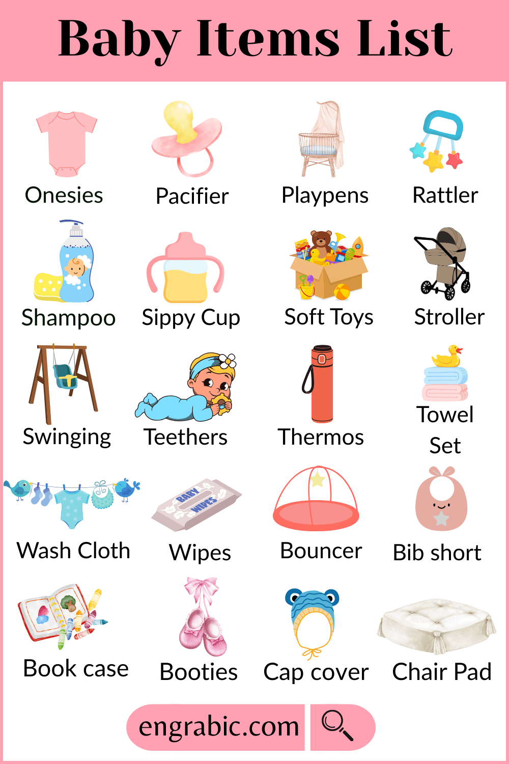 Newborn baby items with labels showing names for easier recognition and learning